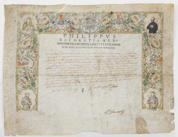 Diplôme de docteur en médecine délivré à Naples en octobre 1655 sous l'autorité de Philippe IV d'Espagne et du Protomedicus royal de Naples