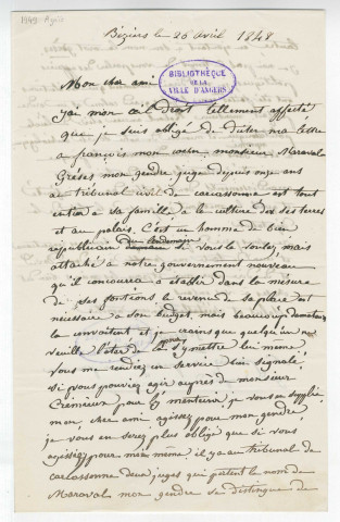 Correspondance de Pierre Hyacinthe Azais [à Pierre-Jean David d'Angers]
