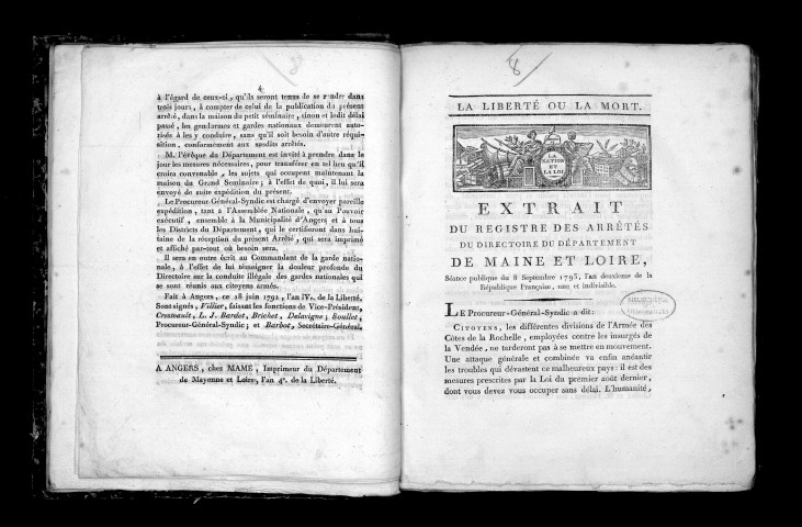 Extrait du registre des arrêtés du directoire du département de Maineet-Loire. Séance du 8 septembre 1793