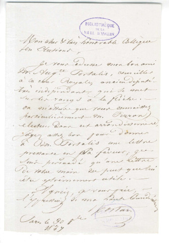 Correspondance de l'élu Mortan (ou Rostan ?) adressée à Pierre Jean David d'Angers