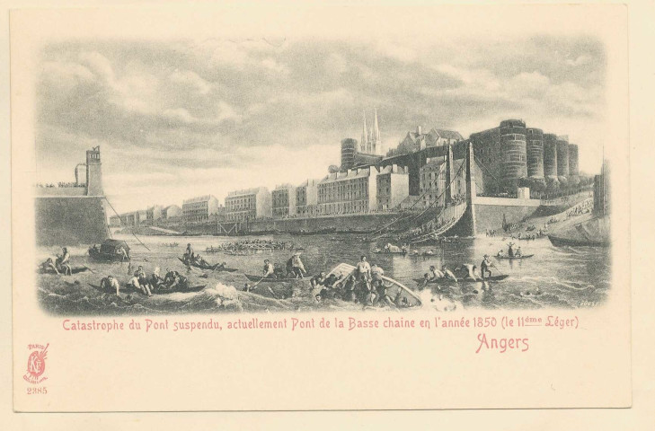 Catastrophe du pont suspendu, actullement Pont de la Basse chaîne en l'année 1850 (le 11ème Léger). Angers