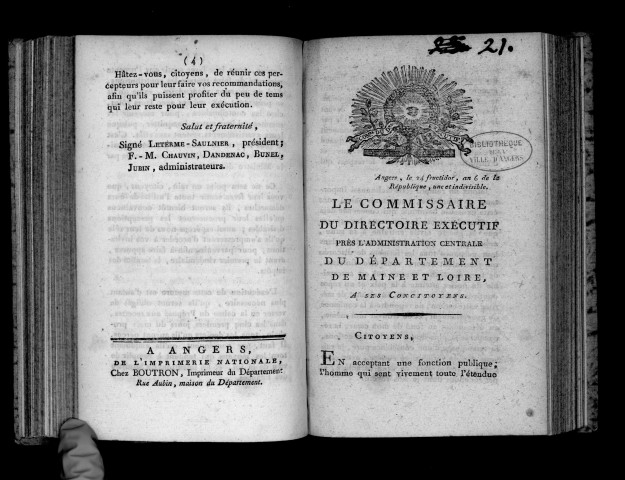 Contributions directes, Recouvrement. Département de Maine-et-Loire, an VI