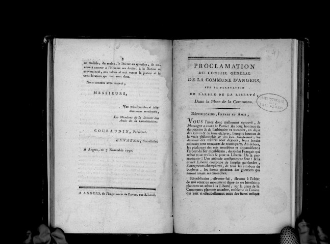 Proclamation du conseil général de la commune d'Angers, sur la plantation de l'arbre de la liberté dans la place de la commune