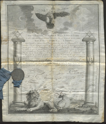 Archives de Pierre-Jean David d'Angers : brevet de maître maçon (1811), liste de ses œuvres, essais sur l'art et sur ses œuvres, correspondances.