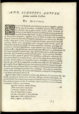 De viris illustribus Romae liber falso hactenus Corn. Nepoti, vel C. Plinio Caecilio inscriptus : in veteri manu scripto Sext. Aurelio Victori attributus ; nunc recens ab Andrea Schotto factus auctior.