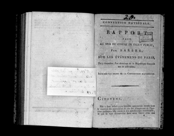 Convention nationale. Rapport fait au nom du comité de salut public, par Barère, sur les événemens de Paris, du 9 thermidor, l'an deuxième de la République française une {et} indivisible. Imprimé par ordre de la Convention nationale.