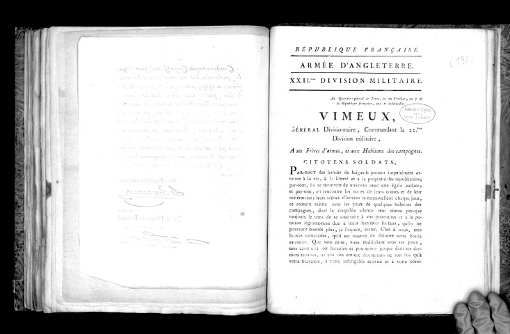 Vimeux, général divisionnaire, commandant la 22e division militaire, à ses frères d'armes, et aux habitants des campagnes