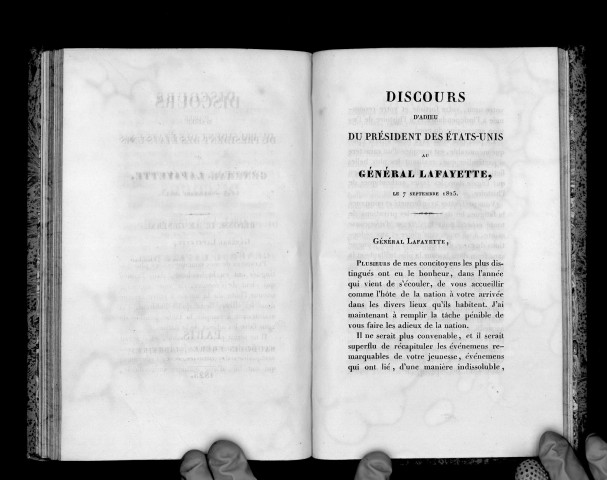 Discours d'adieu du Président des Etats-Unis au général La Fayette le 7 septembre 1825 avec la réponse de ce général