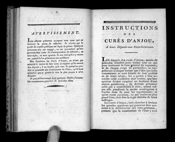 Instructions des curés du diocèse d'Angers à leurs députés aux Etats-Généraux, rédigées par un curé du diocèse d'Angers