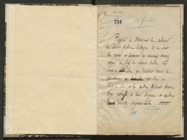 « Papier à monsieur le celerier de Sainct-Aulbin d'Angiers, là où sont les noms et surnoms des nouveaux mariez estans au fief de Sainct Aulbin des Pontz de Sée, qui doibvent courir la quintaine audict lieu des Ponts de Sée, et les aultres doibvent chascun trois esteufs à leur seigneur et aultres droictz seigneuriaulx »