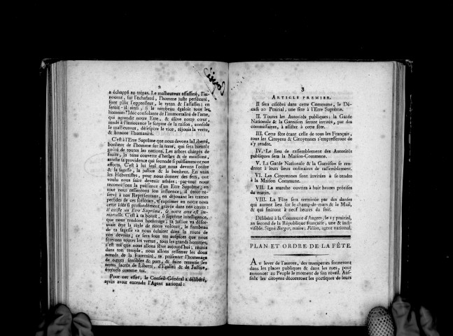 Proclamation du conseil général de la commune d'Angers, relative à la fête consacrée à l'Etre suprême, qui doit être célébrée le 20 prairial