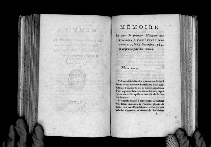 Mémoire lu par le premier ministre des finances à l'Assemblée nationale le 14 novembre 1789