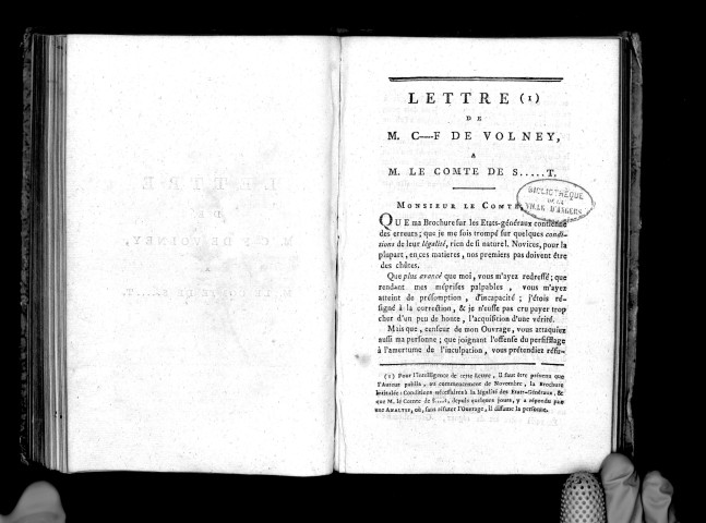 Lettre de M. C.-F. de Volney à M. le comte de S...t (de Serrant)