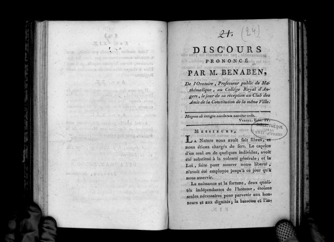 Discours prononcé par M. Benaben le jour de sa réception au club des Amis de la Constitution
