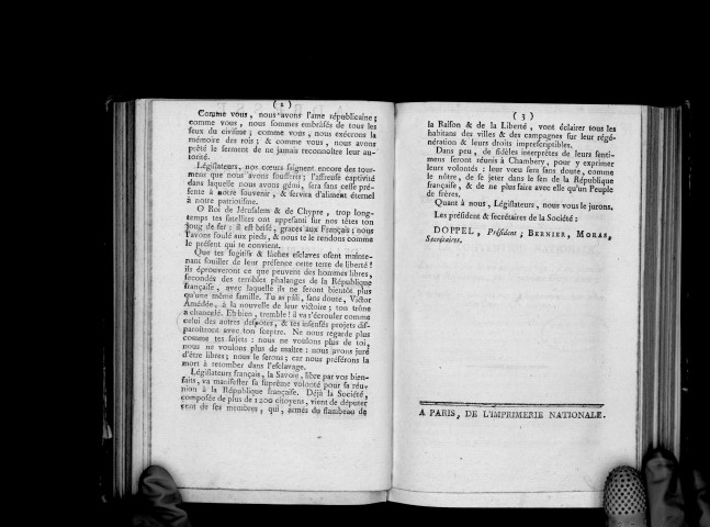 Adresse de la société des Amis de la liberté et de l'égalité, séante à Chambéry, à la Convention nationale, le 12 octobre 1792, Signé : Doppel, Bernier, Moras