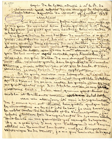 2 - "Copie de la lettre adressée à M. le B. de Meneval pour refuser de me charger de l'exécution de la statue équestre de Murat", 19 juillet 1838