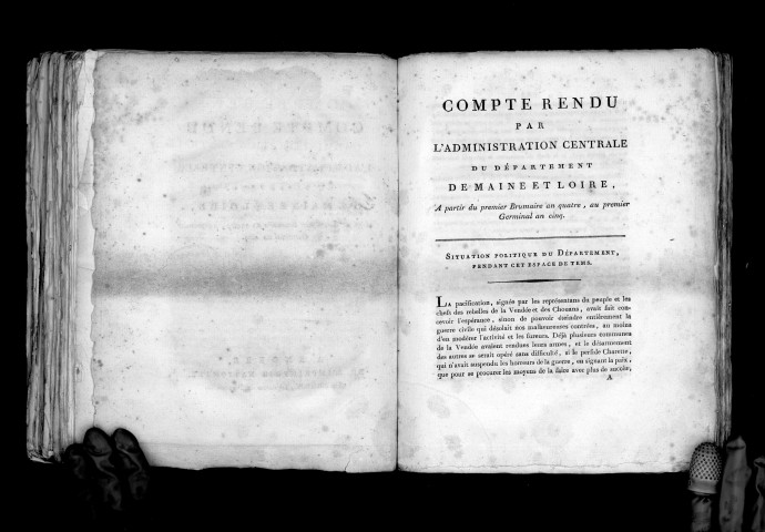 Compte-rendu par l'administration centrale du départ. de Maine-et-Loire, du 1er brumaire an IV au 1er brumaire an V