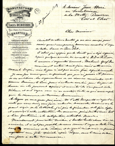 Lettres de Louis Debierre à Jean Huré