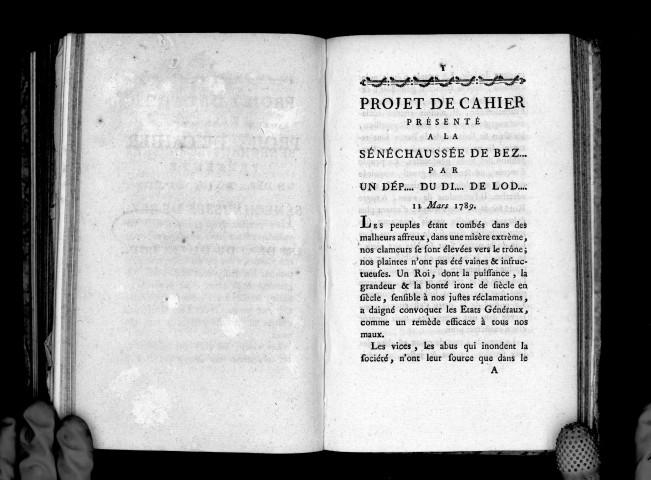 Projet de cahier présenté à la sénéchaussée de Bez... par un dép... du Di... de Lod...