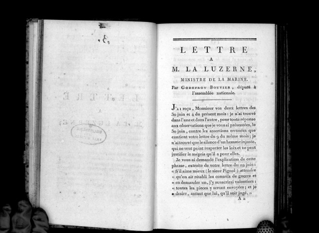 Lettre à M. La Luzerne, ministre de la marine, par Godefroy Bouvier