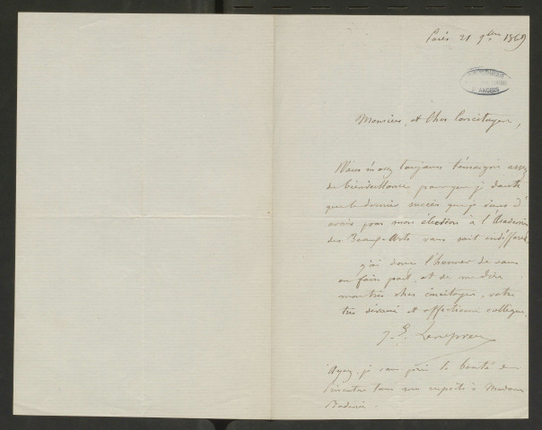 Lettre autographe de Jules Lenepveu à Bodinier, 21 septembre 1869