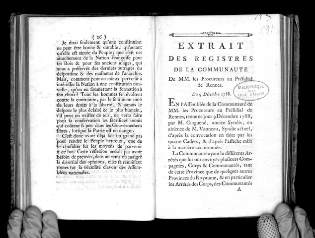 Extrait des registres de la communauté de MM. les procureurs au présidial de Rennes, du 9 décembre 1788