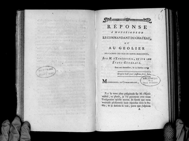 Réponse à Mgr le commandant du château ou au geôlier des cachots des isles de Sainte-Marguerite, sur M. d'Esprémesnil et sur les Etats-Généraux