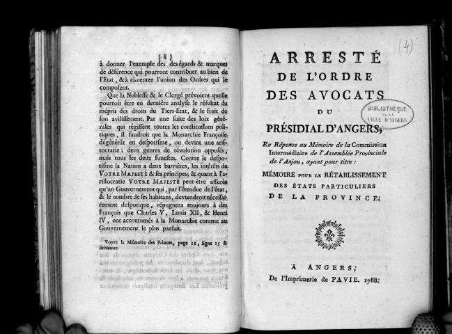 Arrêté de l'ordre des avocats du présidial d'Angers, en réponse au mémoire pour le rétablissement des Etats particuliers de la province
