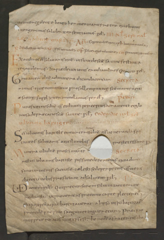 Propre de la messe de saint Barthélemy apôtre, de sainte Sabine et de la décollation de saint Jean-Baptiste. Fragment d'un sacramentaire ou d'un pontifical (IXe-Xe siècle)