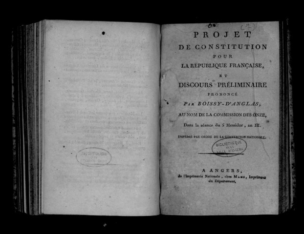 Projet de constitution pour la République française et discours préliminaire par Boissy-d'Anglas. Séance du 5 messidor an III