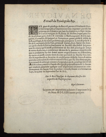 L'art de naviguer de maistre Pierre de Medine, Espagnol : contenant toutes les reigles, secrets, et enseignements necessaires à la bonne navigation, traduict de castillan en françois, avec augmentation et illustration de plusieurs figures et annotations, par Nicolas de Nicolai du Dauphiné