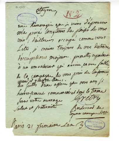 Correspondance de Grétry [avec Lakanal]