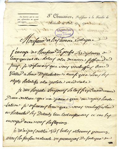 Correspondance de Chaussier, professeur a la Faculté de Médecine de Paris [au Dr Maillocheau]