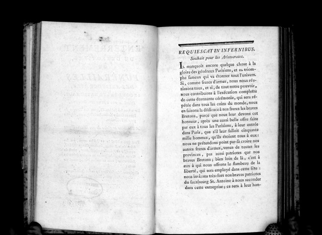 Enterrement du despotisme, ou funérailles des aristocrates ; seconde fête nationale... à l'honneur et gloire de nos braves frères du fauxbourg Saint-Antoine ; pour être célébrée le 14 juillet 1790 sur les débris de la Bastille, de là au Champ de Mars, et ensuite au Réverbère régénérateur, place de la Grève, où seront déposées les cendres de tous les aristocrates, avec un marbre noir portant ces mots : Ci-gisent à la fois tous les maux de la France, Clergé, Judicature, Noblesse et Finance