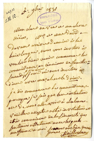 15 - Lettre du Dr et professeur J. B. Maillocheau, oncle de Mlle J. C. Emilie Maillocheau, épouse de Mr Pierre Jean David d'Angers, adressée à M. Tuleau, notaire à Chalonnes, 3 novembre 1831