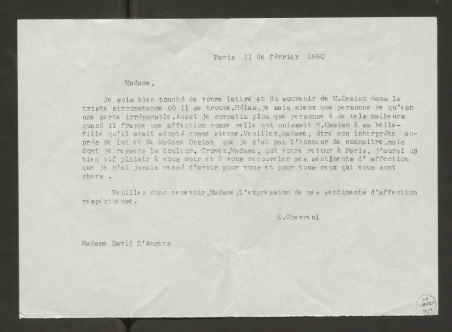 Correspondance passive de Pierre-Jean David d'Angers provenant de la collection d'André Bruel, et notes et pièces diverses. Dossier 3, Notes et pièces diverses