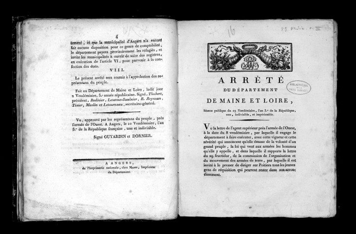 Arrêté du département de Maine-et-Loire. Séance publique du 2 vendémiaire, an III