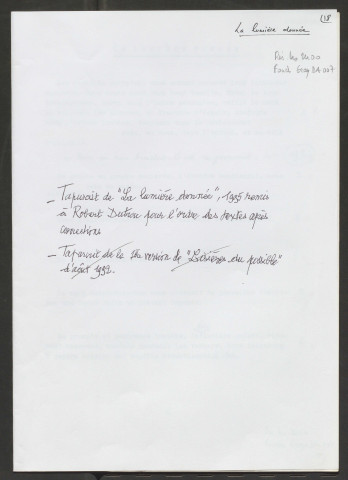 La lumière donnée [brouillons]