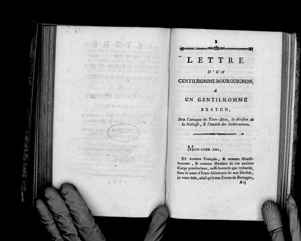 Lettre d'un gentilhomme bourguignon à un gentilhomme breton sur l'attaque du tiers-état, la division de la noblesse et l'intérêt des cultivateurs