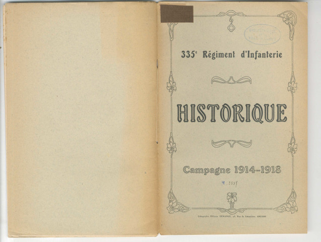 Historique du 335ème régiment d'Infanterie. Campagne 1914-1918