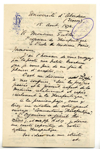 Correspondance de Alex Harvey, médecin [à Gubler]