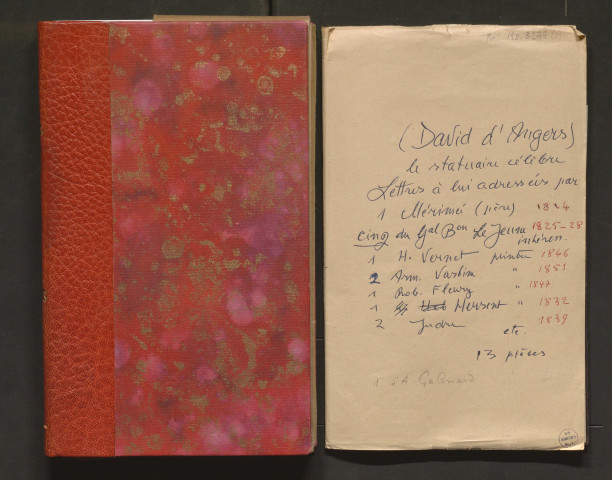 Correspondance passive de Pierre-Jean David d'Angers provenant de la collection d'André Bruel, et notes et pièces diverses. Dossier 1, Lettres autographes de Mérimée père, du général Baron Le Jeune, H. Vernet, Armand Vastine, Robert Fleury, Hersent, Sudré et A. Galimard