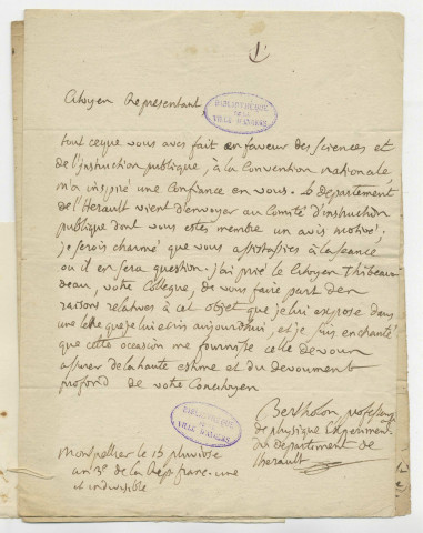 Correspondance de l'abbé Pierre Bertholon, professeur de physique expérimentale du département de l'Hérault [à Lakanal]