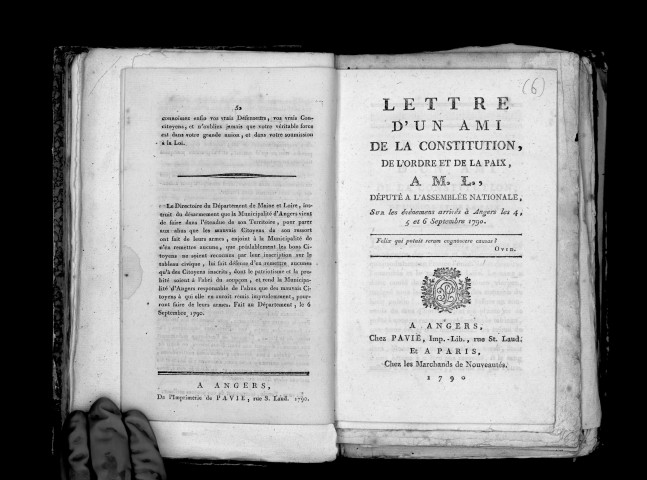 Lettre d'un ami de la constitution, de l'ordre et de la paix, à M. L., député à l'Assemblée Nationale, sur les événemens arrivés à Angers les 4, 5 et 6 septembre 1790