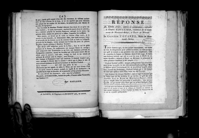 Réponse au libelle infâme, atroce et calomnieux, intitulé : Le citoyen Gaullier, habitant de la commune de Montreuil-Bellay, à tout le monde. Le citoyen Tousnel, maire de Montreuil-Bellay