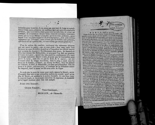 Lettre de Merlin (de Thionville) au président de la Convention nationale, du 6 janvier 1793