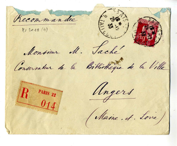 Lettre autographe de David d'Angers à Adville, bibliothécaire, accompagnée de deux lettres du vendeur Emmanuel Fabius