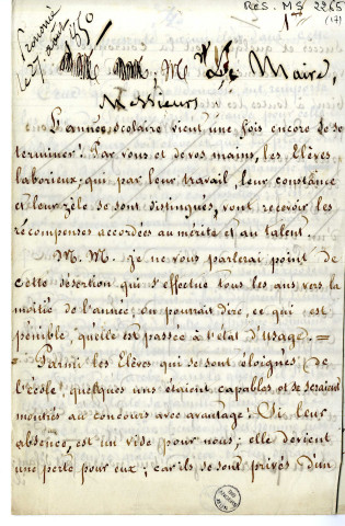 Discours de Jean-Michel Mercier, de Versailles, peintre d'histoire, aux distributions des prix de l'Ecole de dessin d'Angers dont il était directeur