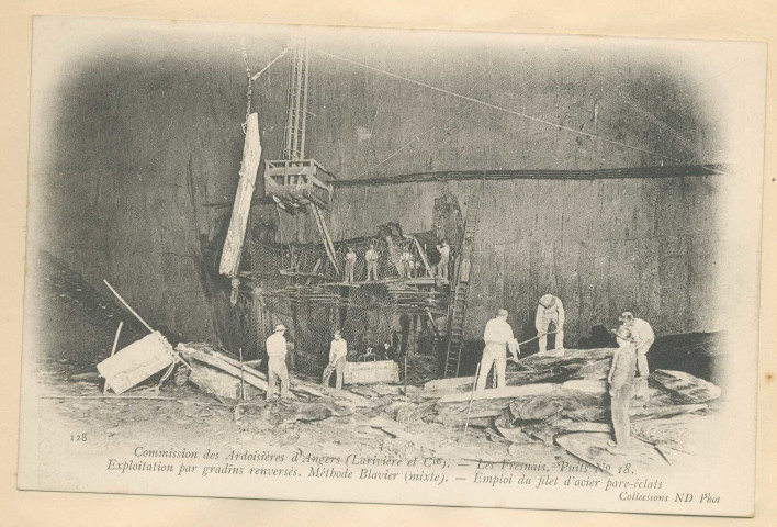 128. Les Fresnais, puits n°18. Exploitation par gradins renversés, méthode Blavier (mixte). Emploi du filet d'acier pare-éclats