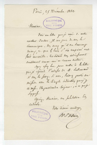 Correspondance de Jules Barthélémy-Saint-Hilaire [à Pierre-Jean David d'Angers]